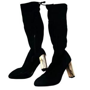 AMI CLUBWEAR Size 11 Black Faux Suede Over The Knee Chunky Shiny Gold Heel Boots